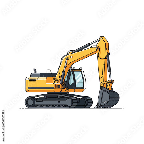Yellow Excavator Machine Arm Bucket Crawler Tracks Construction Vehicle