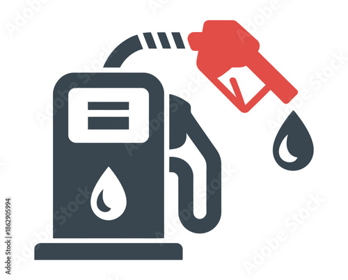 Fuel dispenser nozzle drips liquid next to a dark gasoline pump station icon.