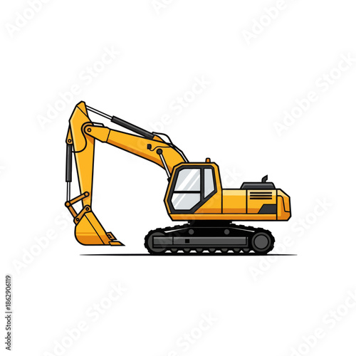 Yellow excavator with tracks on a white background, construction vehicle illustration
