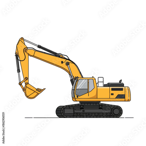 Yellow excavator illustration isolated on white background. Heavy construction machine.