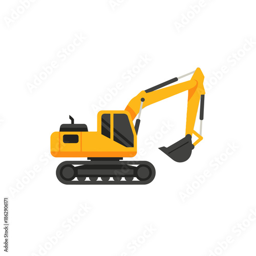 Yellow Excavator Digging Machine on White Background, Construction Vehicle Vector Illustration