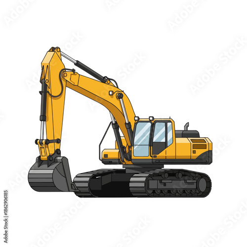 Yellow excavator construction machine, heavy equipment, isolated on white background