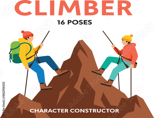 Professional mountain climber character constructor set featuring male adventurers with rappelling gear climbing steep rocky peaks isolated on white background for outdoor sports.