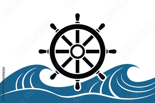 Ship steering wheel positioned above dark blue ocean waves suggests maritime.