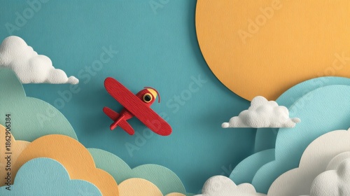 Cute toy airplane flies through colorful clouds