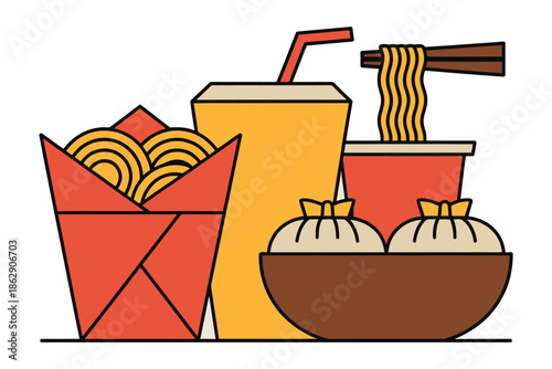 Asian takeout meal featuring noodles, dumplings, and a beverage is ready for.