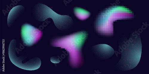 Abstract color bitmap shapes set isolated on black background. Vector realistic illustration of iridescent halftone blobs with pixel dot texture and gradient effect, neon holographic wavy stains