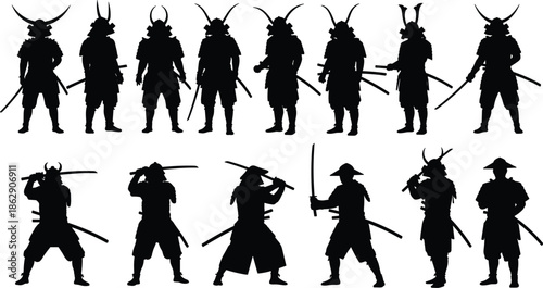 Set of Twelve Detailed Japanese Fighter Icons with Katanas and Traditional Armor for Historical Design.
