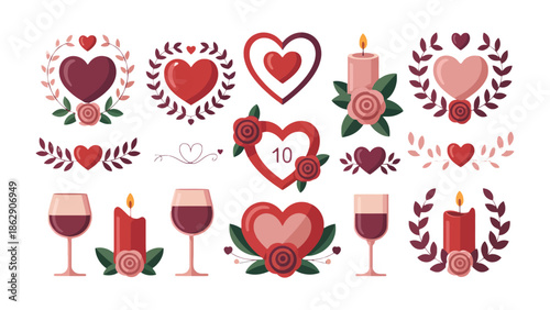 Valentine's Day Elements: A collection of charming Valentine's Day elements, including hearts, candles, and wine glasses, all designed to evoke the essence of love and celebration. 