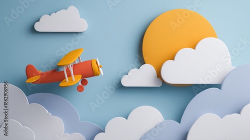 Toy airplane flying through stylized clouds and sun