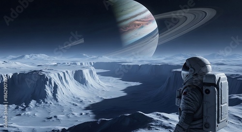Astronaut Gazing at Saturns Rings from Alien Moon Landscape.
