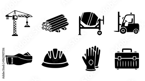 Essential construction site equipment, tools, and safety gear icon collection isolated on white background, Vector