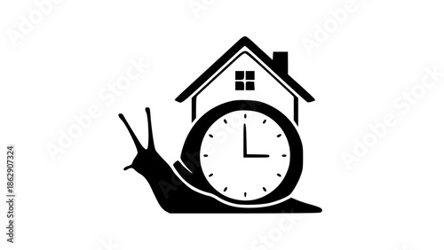 slow living and home symbolized by a snail carrying a house clock isolated on a white background, Vector