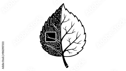 Integration of nature and technology: a leaf merging organic veins with electronic circuits isolated on white background, Vector