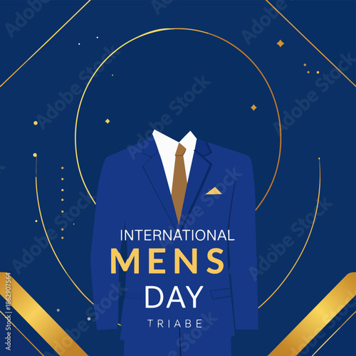 Elegant blue suit with a golden tie and pocket square, celebrating International Men's Day with sophisticated design elements.