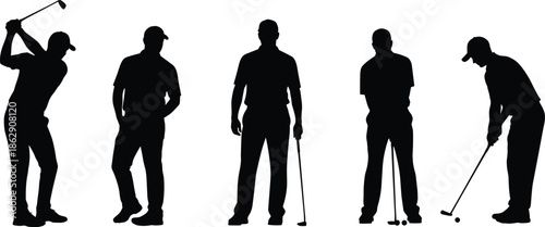Black silhouette collection of professional male golfers in various poses including swinging putting and standing with golf clubs on white