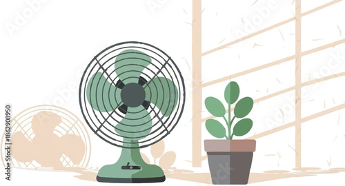 A vintage fan sits next to a potted plant, with another fan's shadow cast beside it
