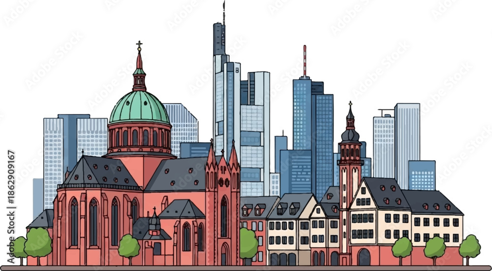 Fototapeta premium A vibrant cityscape illustration blending historic architecture with modern skyscrapers