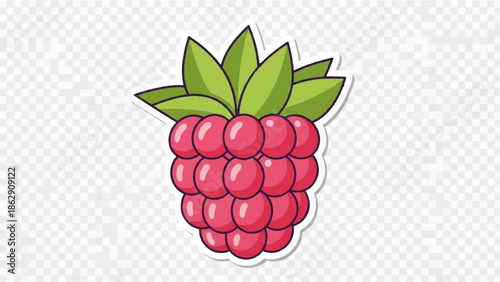A vibrant, cartoon-style raspberry with bright green leaves