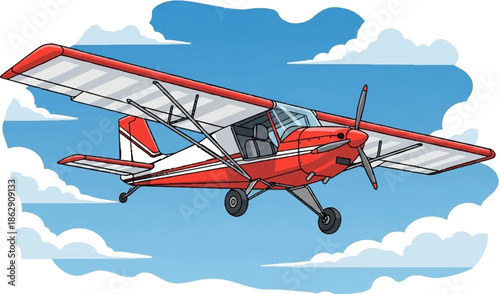 A vibrant cartoon-style red and white propeller plane flying high in a bright blue sky with fluffy white clouds