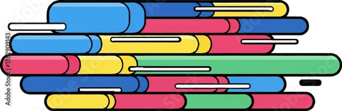 Abstract composition of colorful, rounded horizontal bars layered and offset, creating a vibrant, modern pattern