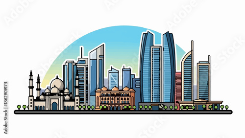 A vibrant city skyline with modern skyscrapers and traditional architecture under a colorful sky