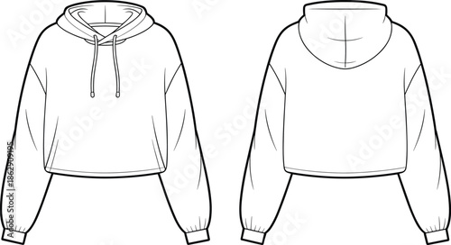 Cropped hoodie and long sleeve button down workwear shirt technical sketch set, front back view, apparel fashion flat vector template.
