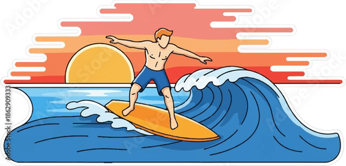 A surfer rides a big wave at sunset in a cartoon style