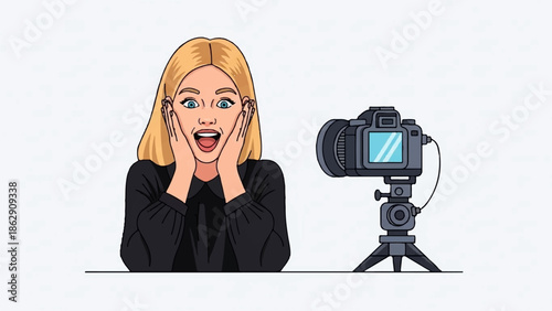 A surprised woman with blonde hair, wide blue eyes, and hands on her cheeks stands next to a camera on a tripod