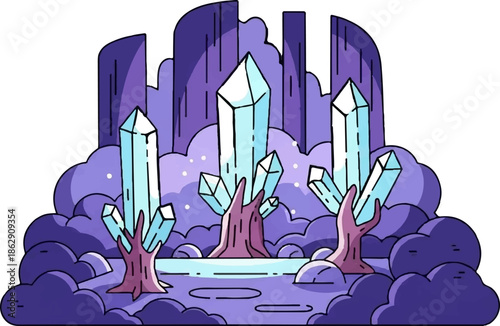 A surreal, purple landscape with glowing blue crystals emerging from tree-like structures