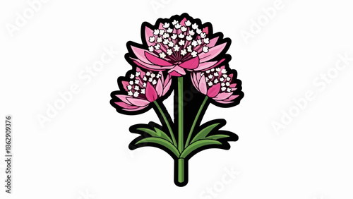 A stylized illustration of a cluster of pink star-shaped flowers with white centers and green stems and leaves