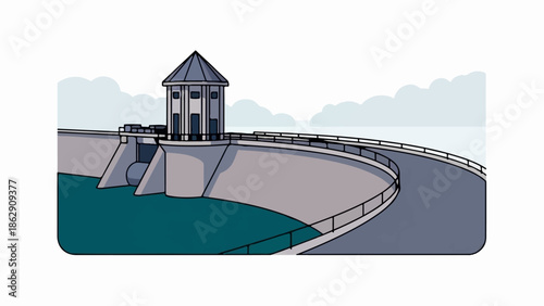 A stylized illustration of a concrete dam holding back teal water, with a tower and clouds