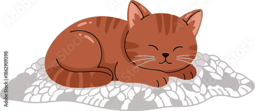 A sweet, striped tabby cat naps peacefully on a soft, textured surface