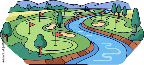 A stylized illustration of a golf course with a winding blue river, sand traps, and red flags on green fairways