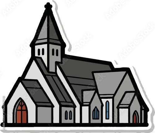 A stylized illustration of a gray, multi-sectioned building with a pointed steeple and arched windows