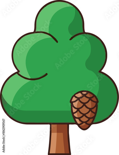 A stylized cartoon of a green tree with a brown trunk and a single brown pine cone