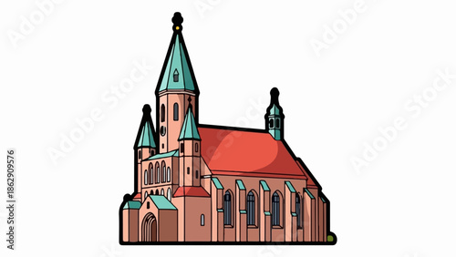 A stylized illustration of a historic building with multiple towers and a red roof