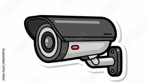 A stylized cartoon security camera with a dark casing and a red indicator light