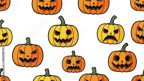 A pattern of illustrated pumpkins with carved faces, featuring varied expressions and green stems