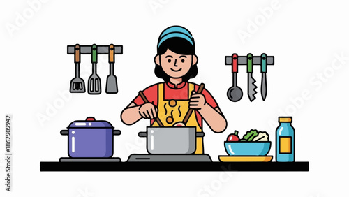 A person in an apron cooks a meal in a kitchen with utensils