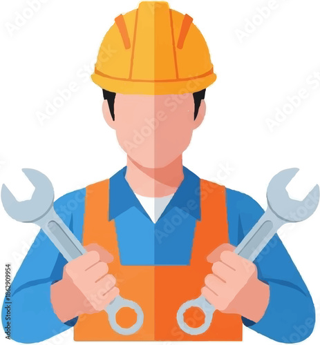 A person in a hard hat and overalls holds two wrenches, ready for work