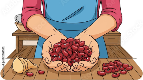 A person in an apron holds a generous scoop of red kidney beans over a rustic wooden table