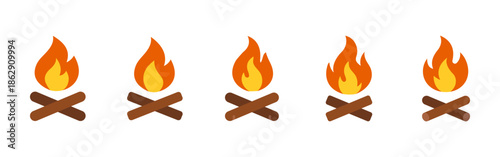 Campfire icon. Bonfire with firewood illustration for camping and outdoor concepts. Fire sign for travel, hiking, survival and tourism themes. Flat colored camp fire isolated on white background.