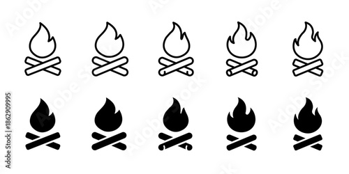Campfire icon. Bonfire and firewood symbol for camping, outdoor adventure and travel concepts. Camp fire sign for hiking, tourism, survival themes, nature activities and minimal UI design.