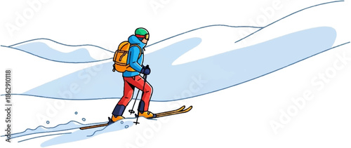 A person skis down a snowy slope carrying a backpack, wearing a helmet and goggles