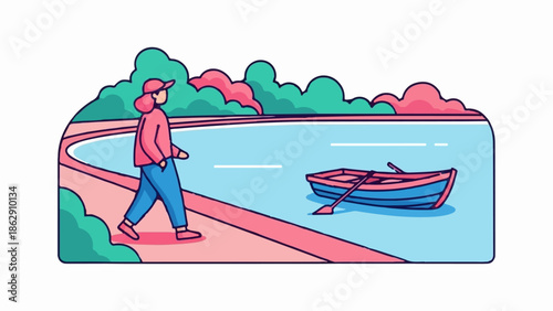 A person walks by a lake with a small boat and rowing oars