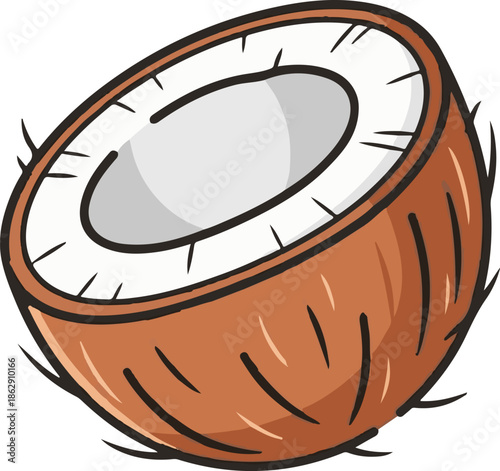 A simple, hand-drawn illustration of a halved coconut showing its white flesh and brown fibrous exterior