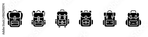 Backpack solid icon set. Travel and camping rucksack black symbols for hiking, tourism and outdoor adventure concepts. Backpack bag glyph illustration in solid style isolated.