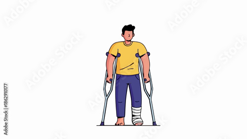 A person with a broken leg stands using crutches