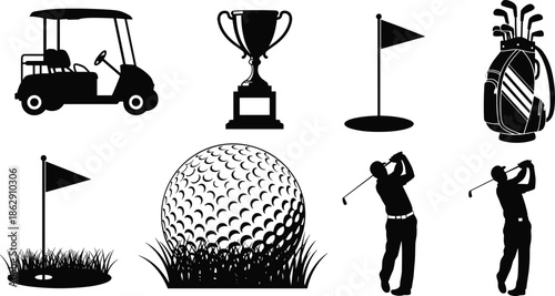 Set of Golf Icons and Silhouettes Featuring Golf Cart Trophy Flag Bag Ball in Grass and Professional Golfers Swinging Clubs